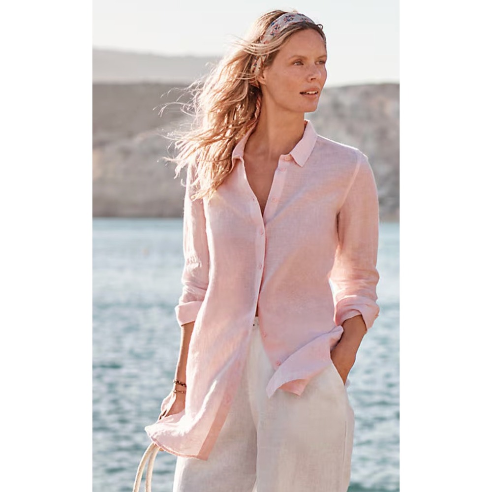 Garnet Hill Shirt Button Up Tunic Blouse 100% Linen European Flax Peony Small